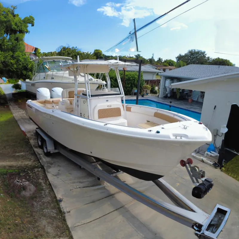 The Image of 2004 Grady-White Canyon 283 boat on trailer, parked near a poolside. - 0