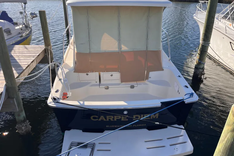 Slide: The Image of 2009 Mainship Pilot 31 docked, rear view with canopy, "Carpe Diem" text visible. - 45
