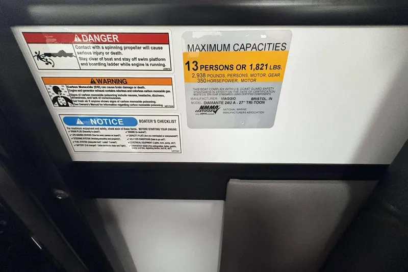 Slide: The Image of Safety and capacity warnings on a 2026 Viaggio D24U boat, highlighting maximum load and safety precautions. - 26