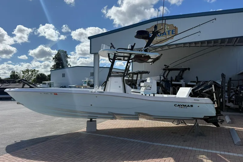 Slide: The Image of 2023 Caymas 28 HB Twin boat displayed outdoors under a partly cloudy sky. - 7
