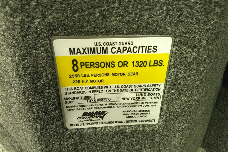 Slide: The Image of U.S. Coast Guard capacity label for 2025 Lund 1975 Pro-V boat, 8 persons or 1320 lbs. - 14