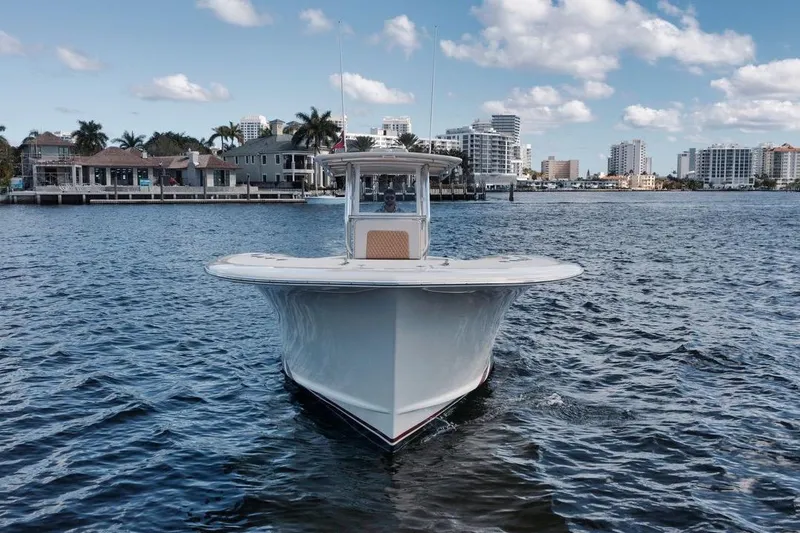 Slide: The Image of 2019 Custom Carolina boat on water with cityscape background. - 12