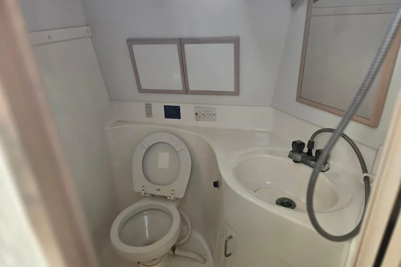 Slide: The Image of 2001 Henriques 35 Flybridge bathroom with toilet, sink, and showerhead. - 7
