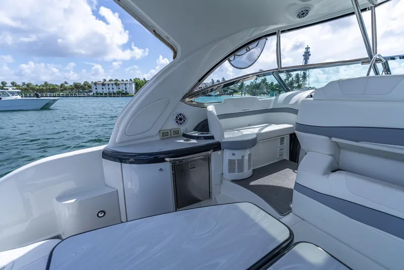 Slide: The Image of Luxurious 2022 Formula 40 PC yacht interior with sleek seating and ocean view. - 20