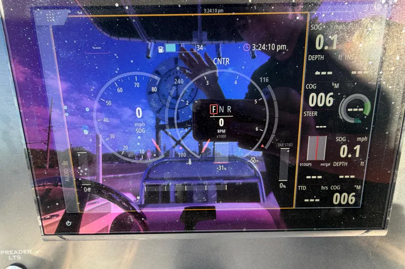 Slide: The Image of Dashboard display of a 2019 Release 208RX boat with speed and navigation data. - 27