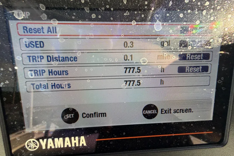 Slide: The Image of Yamaha display showing trip data: 0.3 gallons used, 0.1 miles, 777.5 hours. - 28