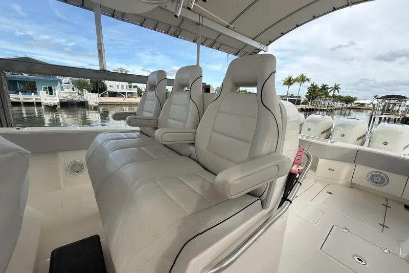Slide: The Image of 2019 SeaVee 390Z boat interior with luxurious seating. - 10