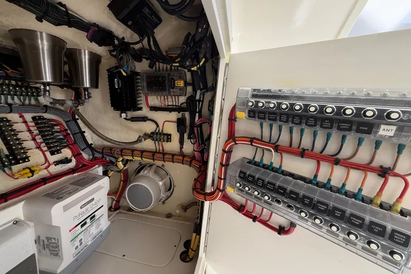Slide: The Image of Electrical panel with organized wiring and labeled switches. - 44