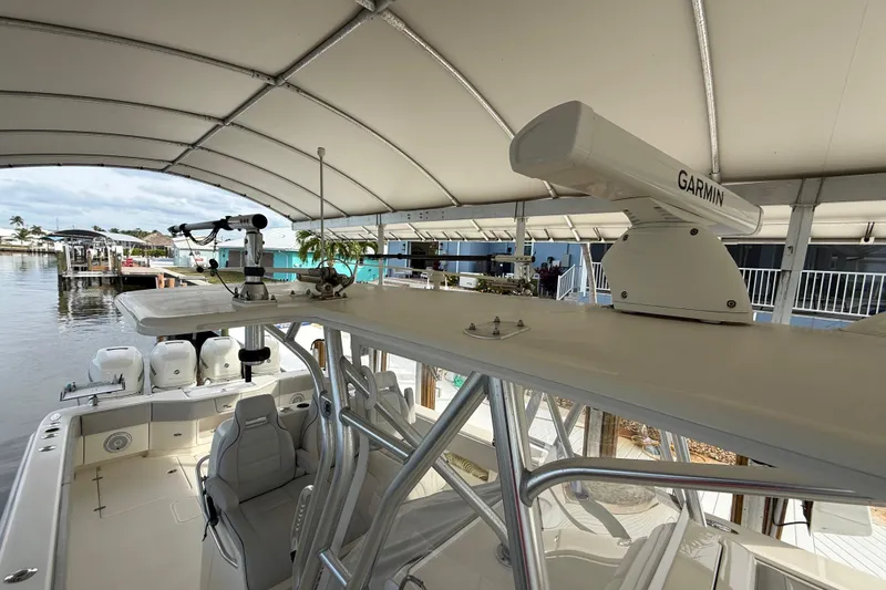 Slide: The Image of 2019 SeaVee 390Z boat with Garmin radar and Hard top T-top - 56