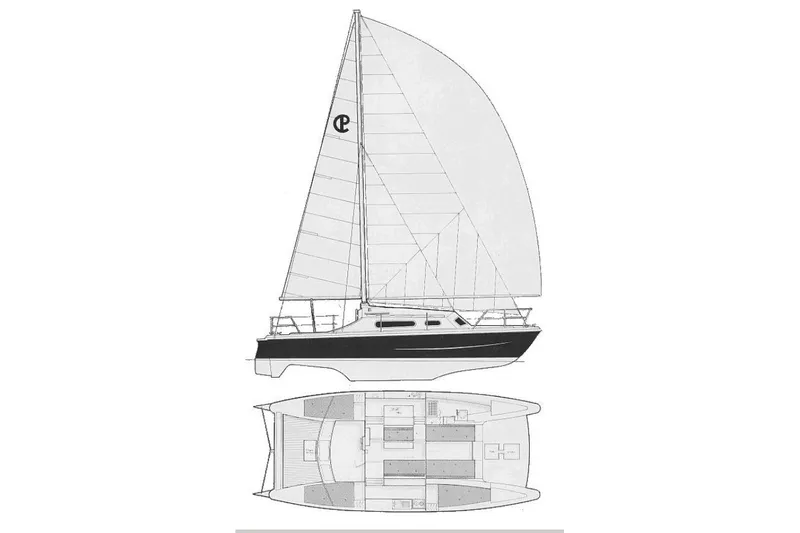 Slide: The Image of Line drawing of a 1973 Prout 35 sailboat with detailed interior layout. - 43