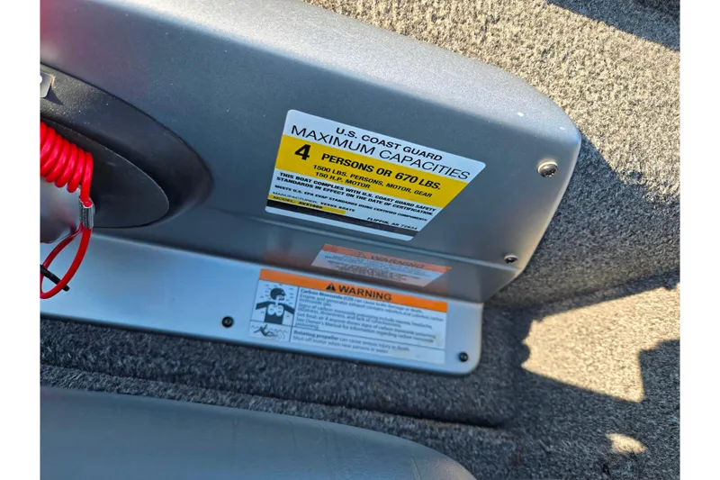 Slide: The Image of 2023 Vexus AVX1980 boat capacity label, showing maximum 4 persons or 670 lbs. - 13