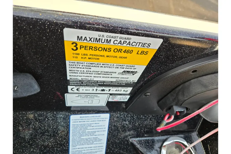 Slide: The Image of 2020 Nitro Z17 boat capacity label, 3 persons, 1100 lbs, 115 HP motor. - 13