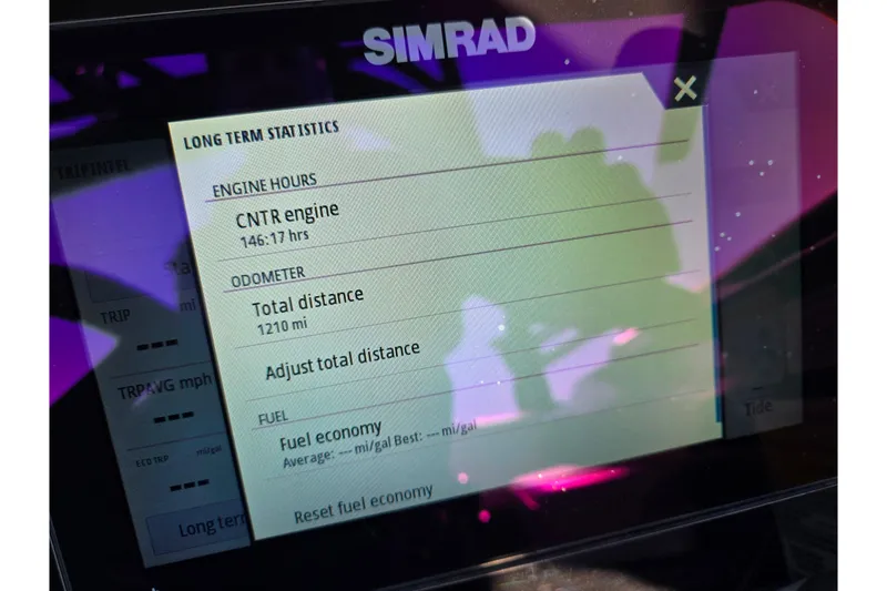 Slide: The Image of Simrad display showing engine statistics for 2023 Heyday H22 boat. - 25