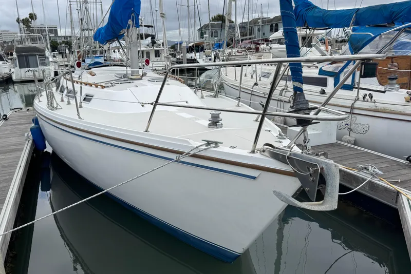 The Image of 1986 Catalina 36 sailboat docked in marina, featuring blue sail covers. - 1