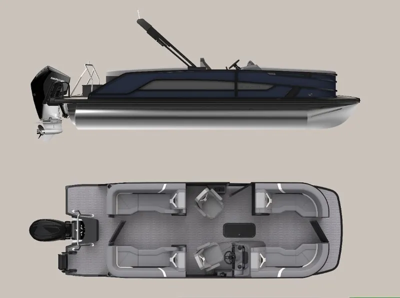 Slide: The Image of Evotti 525QL 2026 pontoon boat, side and top view, modern design. - 25