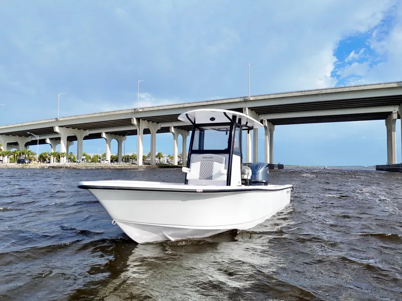 Slide: The Image of 2025 Action Craft 24 Coastal Bay boat on water near a bridge under a cloudy sky. - 19