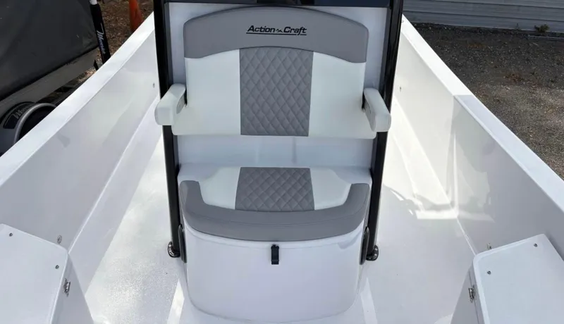 Slide: The Image of 2025 Action Craft 24 Coastal Bay boat seat with gray and white design. - 30