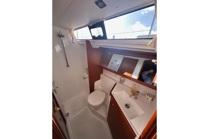 Slide: The Image of Bathroom interior of 2014 Beneteau Oceanis 48 yacht with shower and sink. - 14