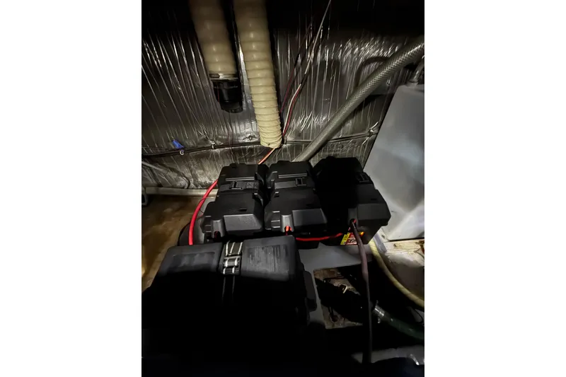 Slide: The Image of Battery compartment of 1982 Bayliner 4050 Bodega with wiring and insulation. - 34