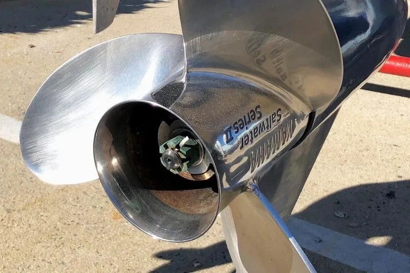 Slide: The Image of Shiny stainless steel boat propeller on a 2017 Osprey 30 Fisherman. - 35