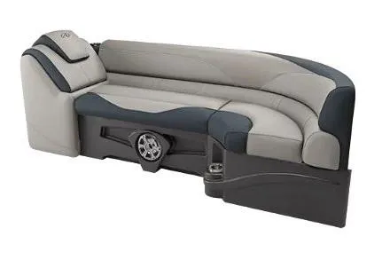 Slide: The Image of 2026 Tahoe Pontoon LTZ boat seating, luxurious gray and black design with integrated speaker. - 19