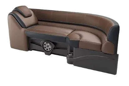 Slide: The Image of 2026 Tahoe Pontoon Cascade Versatile Rear Bench, luxurious brown and black seating with cup holder. - 3