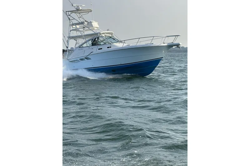 The Image of 2006 Rampage 38 Express yacht docked in a marina under clear skies. - 0