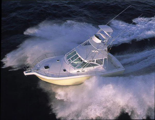 Slide: The Image of 2006 Rampage 38 Express boat cruising on open water. - 3