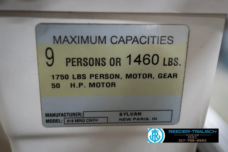 Slide: The Image of 2009 Sylvan 818 Mirage Fish capacity label, 9 persons or 1460 lbs, 50 HP motor. - 57