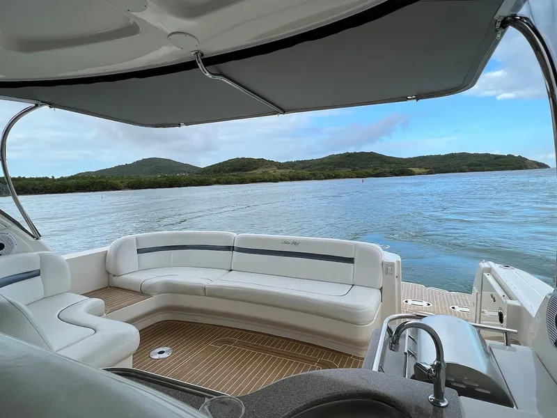 Slide: The Image of Interior of 2006 Sea Ray 48 Sundancer yacht overlooking the water. - 23