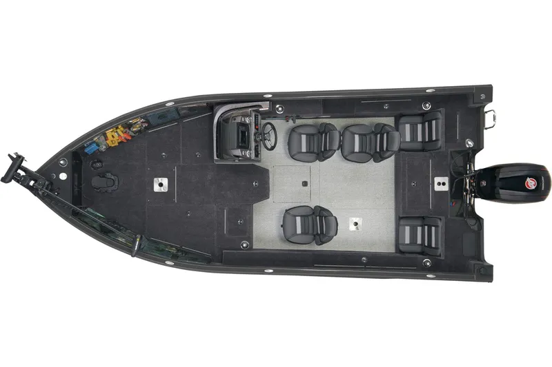 Slide: The Image of 2026 Ranger VS1882SC Reata boat interior with gray and blue seating. - 11