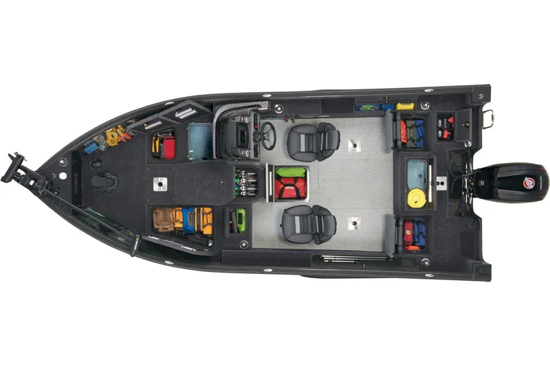 Slide: The Image of 2026 Ranger VS1882SC Reata boat interior with blue and gray seating. - 12