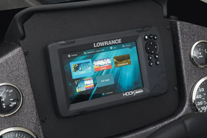 Slide: The Image of 2026 Ranger VS1882SC Reata boat storage compartment with Minn Kota trolling motor. - 39