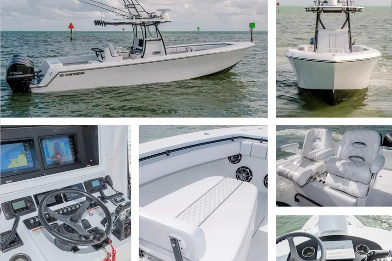 Slide: The Image of 2026 Contender 35 ST boat with advanced navigation, luxurious seating, and sleek design on the water. - 8