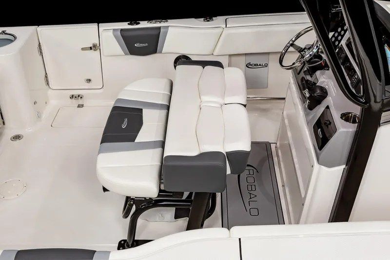 Slide: The Image of Manufacturer Provided Image: 2023 Robalo R250 Center Console boat interior with cushioned seating and control panel. - 5