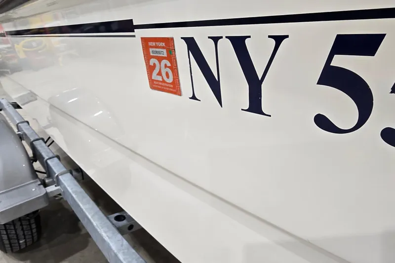 Slide: The Image of 2014 Boston Whaler 170 Montauk boat with New York registration sticker on trailer. - 22