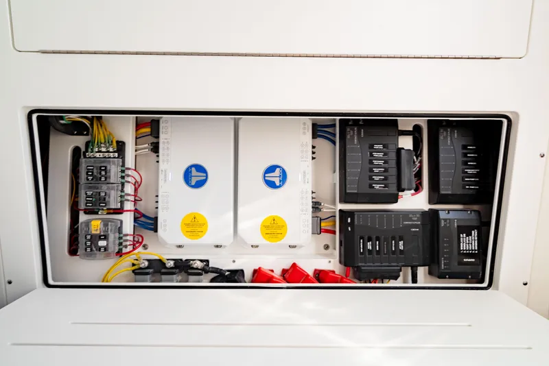 Slide: The Image of Electrical panel of 2026 Crevalle 33 CSF boat, showcasing wiring and components. - 17