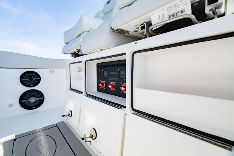 Slide: The Image of 2026 Crevalle 33 CSF boat interior with control panel and seating. - 27