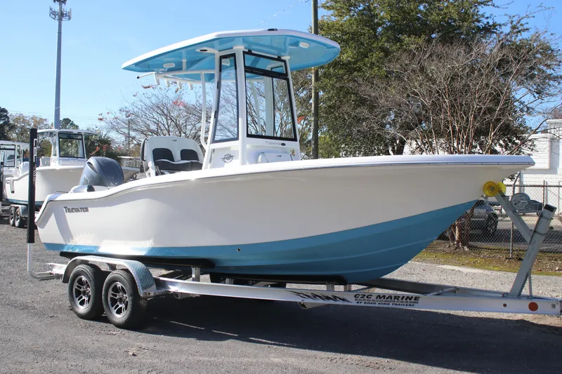 The Image of 2026 Tidewater 210 LXF boat on trailer, featuring sleek design and blue accents. - 1