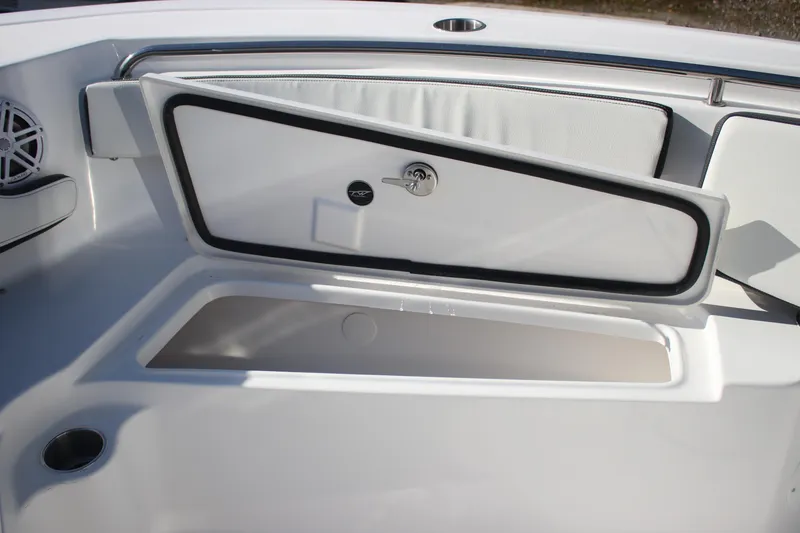 Slide: The Image of 2026 Tidewater 210 LXF boat storage compartment with open hatch and speaker detail. - 29