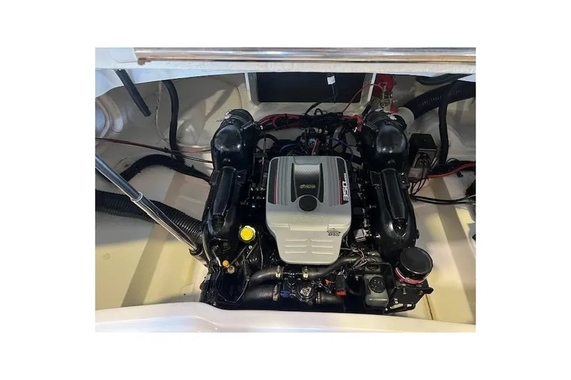 Slide: The Image of Engine compartment of 2016 Sea Ray 250 SLX boat, featuring a MerCruiser 350 engine. - 22