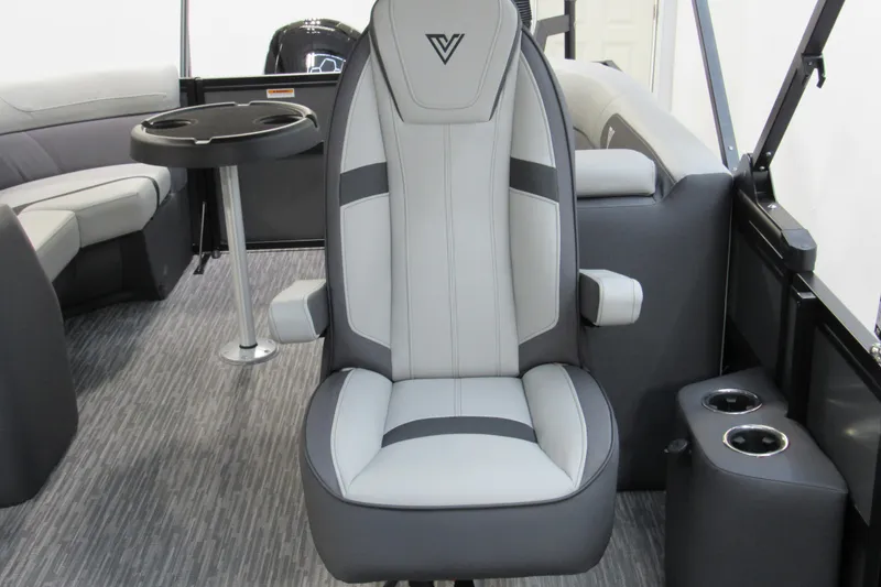 Slide: The Image of 2026 Viaggio Lago V22U with Mercury 150 outboard motor, docked on a sleek platform. - 11