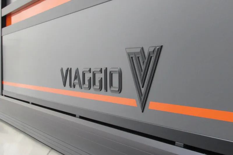 Slide: The Image of 2026 Viaggio Lago V22U pontoon boat interior with modern seating and sleek design. - 15