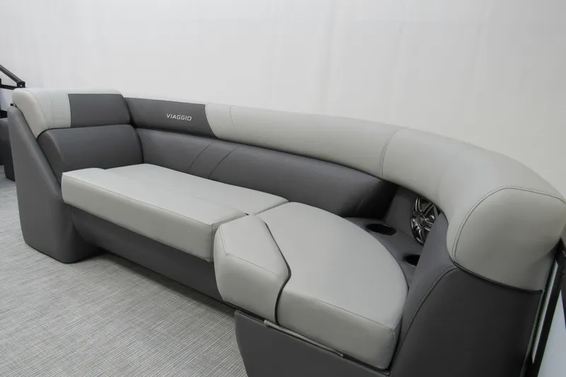 Slide: The Image of Luxurious seating on 2026 Viaggio Lago V22U boat, featuring sleek gray upholstery. - 16