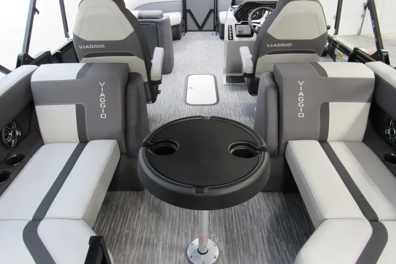 Slide: The Image of Luxurious seating in 2026 Viaggio Lago V22U boat, featuring sleek gray upholstery. - 7