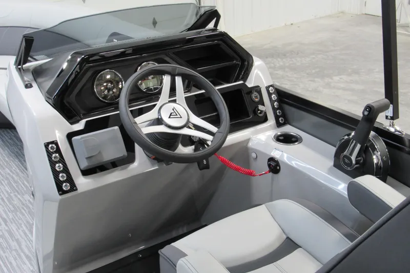 Slide: The Image of 2026 Viaggio Lago V22U boat interior with gray and white seating. - 8