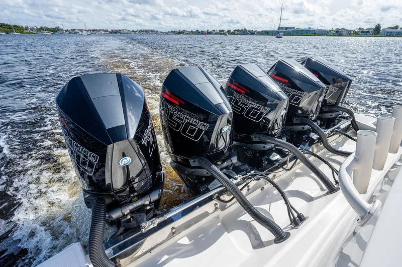 Slide: The Image of 2021 Gulf Crosser 52 with quad Mercury 450R outboard engines on water. - 14