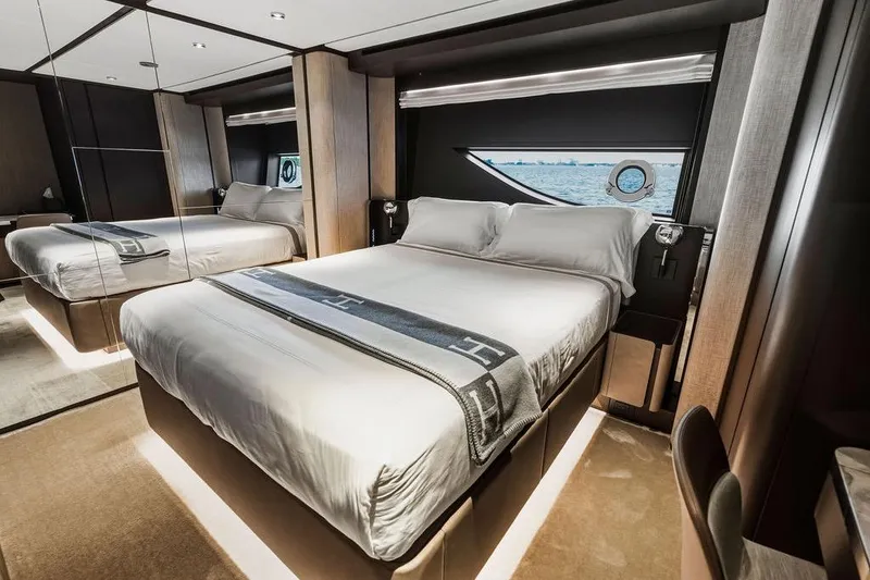 Slide: The Image of Luxurious bedroom interior of 2023 Ferretti Yachts 860 with ocean view. - 45