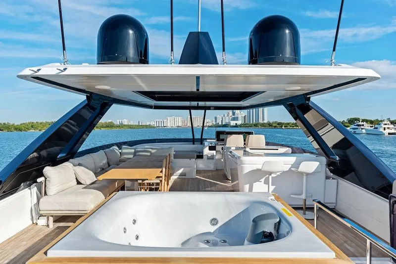 Slide: The Image of Luxurious 2023 Ferretti Yachts 860 with jacuzzi and seating area on deck. - 30