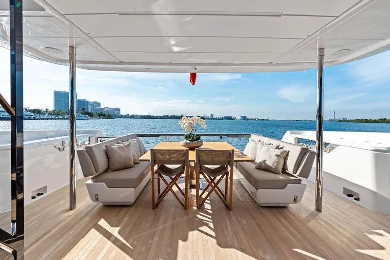 Slide: The Image of Luxurious 2023 Ferretti Yachts 860 deck with elegant seating and ocean view. - 34